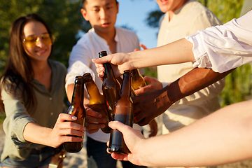 Image showing Group of friends clinking beer glasses during picnic at the beach. Lifestyle, friendship, having fun, weekend and resting concept.