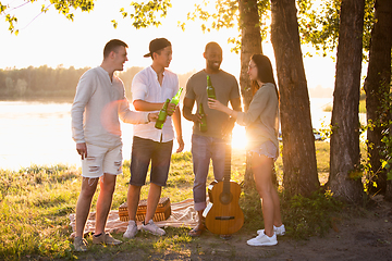 Image showing Group of friends clinking beer glasses during picnic at the beach. Lifestyle, friendship, having fun, weekend and resting concept.