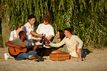 Image showing Group of friends clinking beer glasses during picnic at the beach. Lifestyle, friendship, having fun, weekend and resting concept.