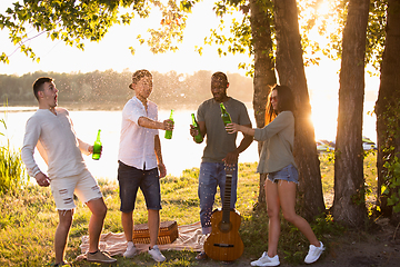 Image showing Group of friends clinking beer glasses during picnic at the beach. Lifestyle, friendship, having fun, weekend and resting concept.