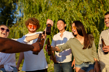 Image showing Group of friends clinking beer glasses during picnic at the beach. Lifestyle, friendship, having fun, weekend and resting concept.