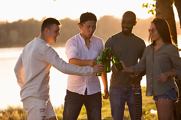 Image showing Group of friends clinking beer glasses during picnic at the beach. Lifestyle, friendship, having fun, weekend and resting concept.