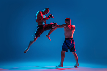 Image showing MMA. Two professional fighters punching or boxing isolated on blue studio background in neon