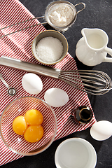 Image showing whisk, eggs, sugar, milk, flour and vanilla