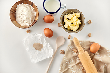 Image showing rolling pin, butter, eggs, flour, milk and sugar