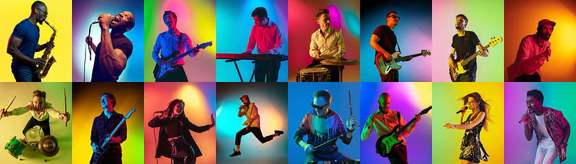 Image showing Collage of portraits of young musicians on multicolored background in neon