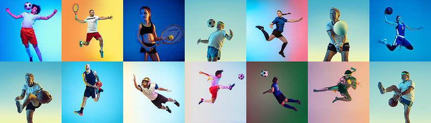 Image showing Sport collage of professional athletes or players on multicolored background in neon