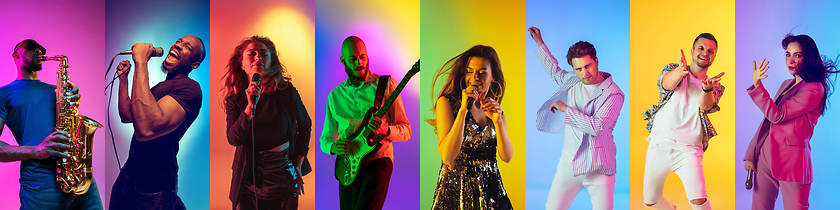 Image showing Collage of portraits of young musicians on multicolored background in neon