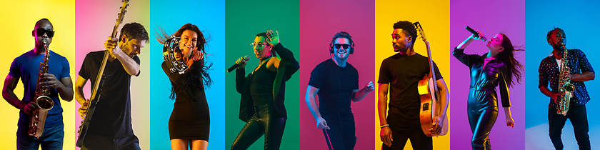 Image showing Collage of portraits of young musicians on multicolored background in neon