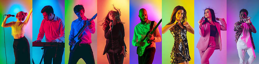 Image showing Collage of portraits of young musicians on multicolored background in neon