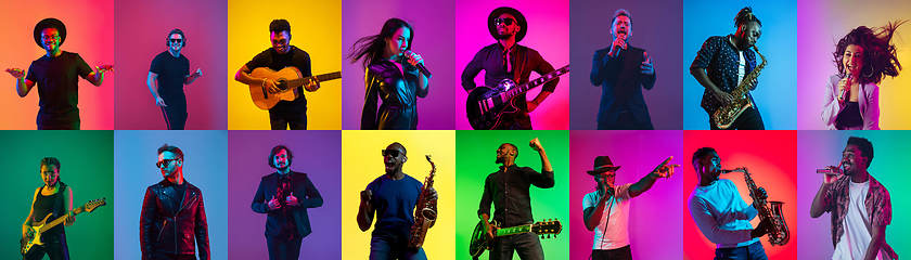 Image showing Collage of portraits of young musicians on multicolored background in neon