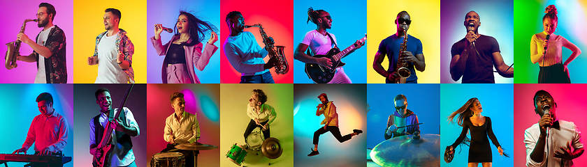 Image showing Collage of portraits of young musicians on multicolored background in neon