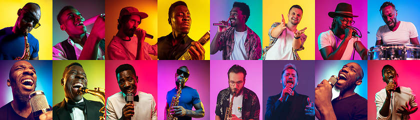 Image showing Collage of portraits of young musicians on multicolored background in neon