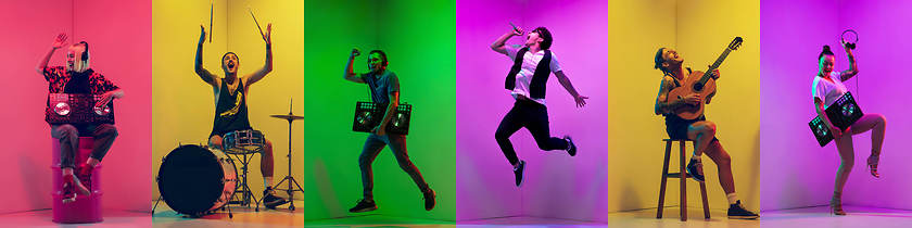 Image showing Collage of portraits of young musicians on multicolored background in neon