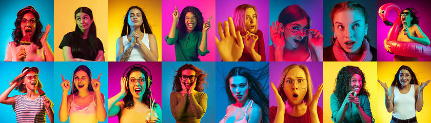 Image showing Collage of portraits of young people on multicolored background in neon light