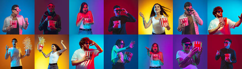 Image showing Collage of portraits of young people on multicolored background in neon light