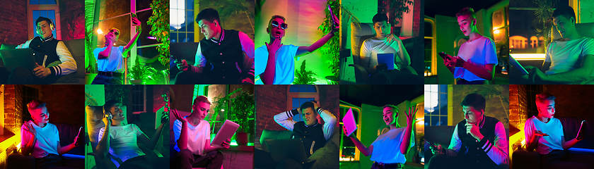 Image showing Collage of portraits of young people on multicolored background in neon light