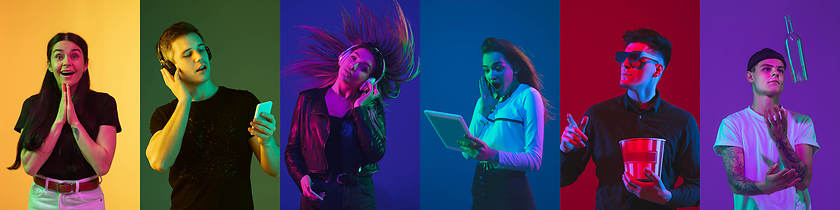 Image showing Collage of portraits of young people on multicolored background in neon light