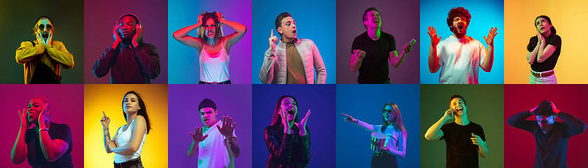 Image showing Collage of portraits of young people on multicolored background in neon light