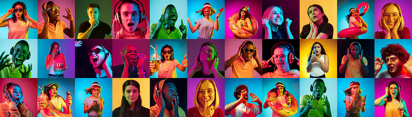 Image showing Collage of portraits of young people on multicolored background in neon light