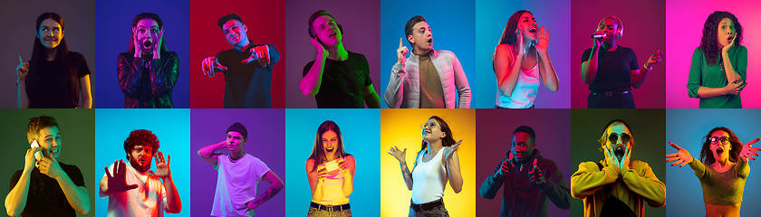 Image showing Collage of portraits of young people on multicolored background in neon light