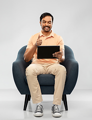 Image showing happy indian man with tablet pc showing thumbs up