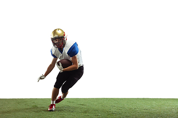 Image showing American football player in action isolated on white studio background