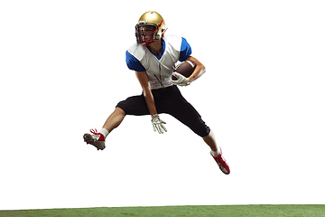 Image showing American football player in action isolated on white studio background