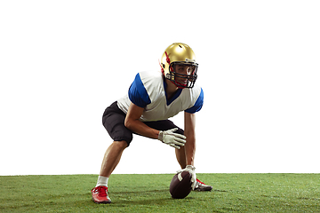 Image showing American football player in action isolated on white studio background