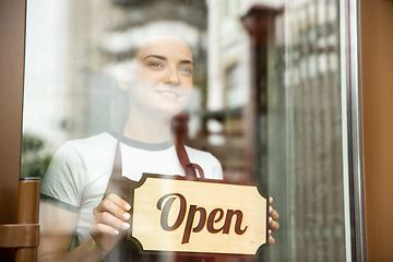 Image showing Open sign on the glass of street cafe or restaurant