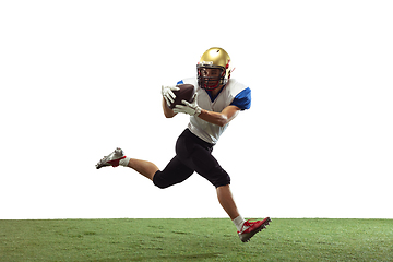 Image showing American football player in action isolated on white studio background