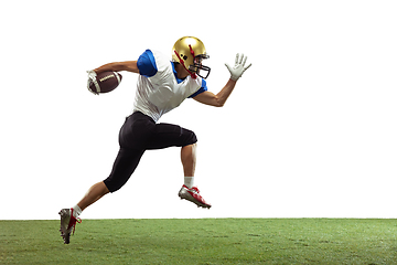 Image showing American football player in action isolated on white studio background