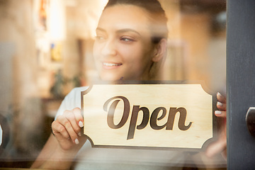 Image showing Open sign on the glass of street cafe or restaurant