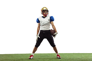 Image showing American football player in action isolated on white studio background