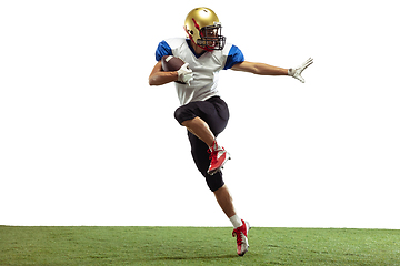 Image showing American football player in action isolated on white studio background