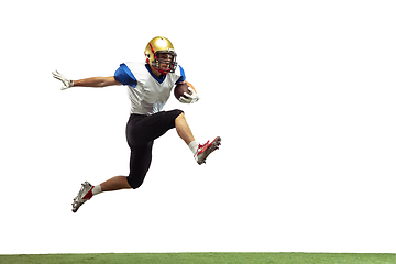 Image showing American football player in action isolated on white studio background