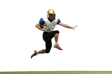 Image showing American football player in action isolated on white studio background