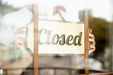 Image showing Closed sign on the glass of street cafe or restaurant