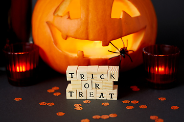 Image showing toy blocks with trick or treat words on halloween