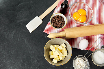 Image showing rolling pin, butter, eggs, flour and chocolate