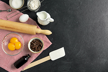 Image showing rolling pin, milk, eggs, flour and chocolate