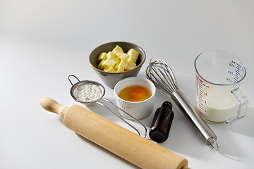 Image showing rolling pin, butter, eggs, flour, milk and whisk