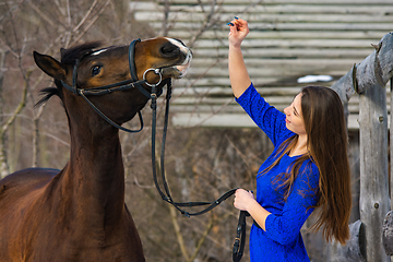 Image showing A beautiful young girl plays with a horse against the backdrop of a winter forest and wooden buildings