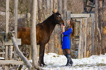 Image showing A beautiful girl in a blue dress stands with a horse against the background of an old wooden fence