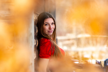 Image showing Close-up portrait of a beautiful girl in a red dress