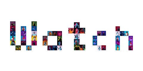 Image showing Collage of portraits of young people on multicolored background in neon light making WATCH lettering
