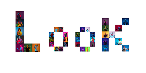 Image showing Collage of portraits of young people on multicolored background in neon light making LOOK lettering