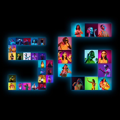 Image showing Collage of portraits of young people on multicolored background in neon light making 5G lettering