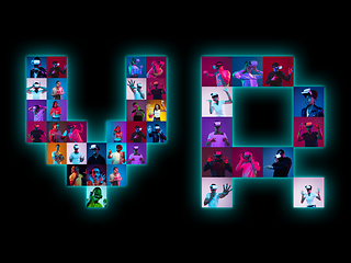 Image showing Collage of portraits of young people on multicolored background in neon light making VR lettering