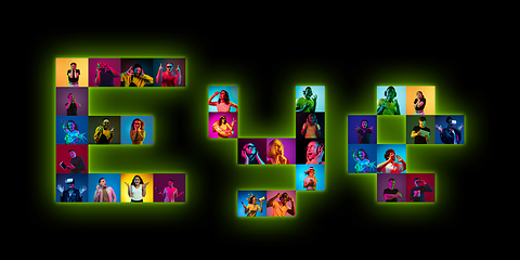 Image showing Collage of portraits of young people on multicolored background in neon light making EYE lettering